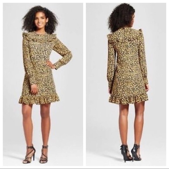 who What Wear Watercolor Cheetah Print Long Sleeve Ruffle Dress Women’s Size S - Picture 2 of 12